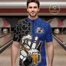 Load image into Gallery viewer, Custom Black And Blue Retro Bowling Beer Team Shirts For Men, Bowling Pattern Jerseys IPHW10537