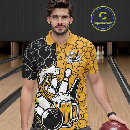 Custom Black And Yellow Retro Bowling Beer Team Shirts For Men, Bowling Pattern Jerseys IPHW10538