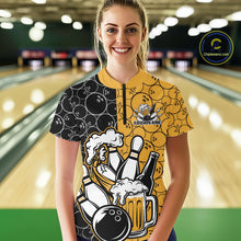 Load image into Gallery viewer, Custom Black And Yellow Retro Bowling Beer Team Shirts For Women, Bowling Pattern Jersey IPHW10538