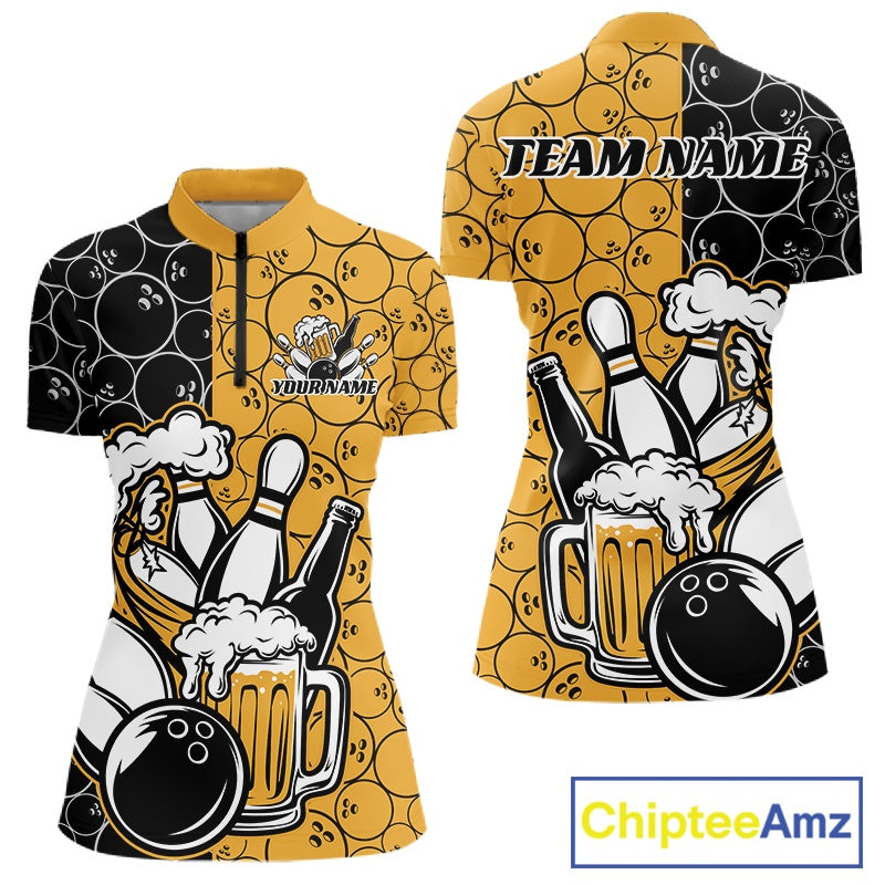 Custom Black And Yellow Retro Bowling Beer Team Shirts For Women, Bowling Pattern Jersey IPHW10538