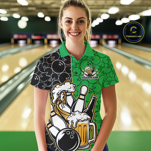 Custom Black And Green Retro Bowling Beer Team Shirts For Women, Bowling Pattern Jerseys IPHW10539