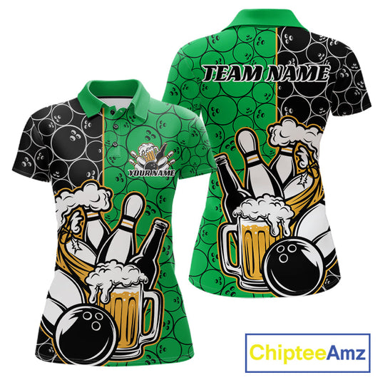 Custom Black And Green Retro Bowling Beer Team Shirts For Women, Bowling Pattern Jerseys IPHW10539