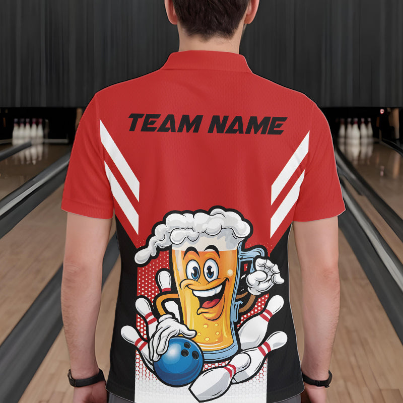Custom Funny Red Bowling Jerseys Bowling And Beer Men Polo Shirts, Bowling Jerseys IPHW10540