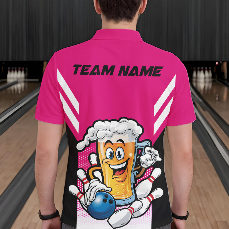 Custom Funny Pink Bowling Jerseys Bowling And Beer Men Polo Shirts, Bowling Jerseys IPHW10542