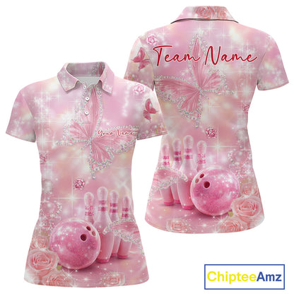 Front and back display of a women’s bowling polo shirt showcasing pink glitter butterflies, diamonds, bowling pins, and bowling ball graphics.