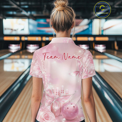 Female model shown from the back wearing a bowling quarter-zip shirt featuring pink glitter butterflies, diamond details, bowling pins, and bowling graphics.