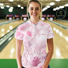 Load image into Gallery viewer, Custom Elegant Roses And Butterfly Women Bowling Quarter-Zip Shirt, Ladies Bowling Shirt IPHW11066