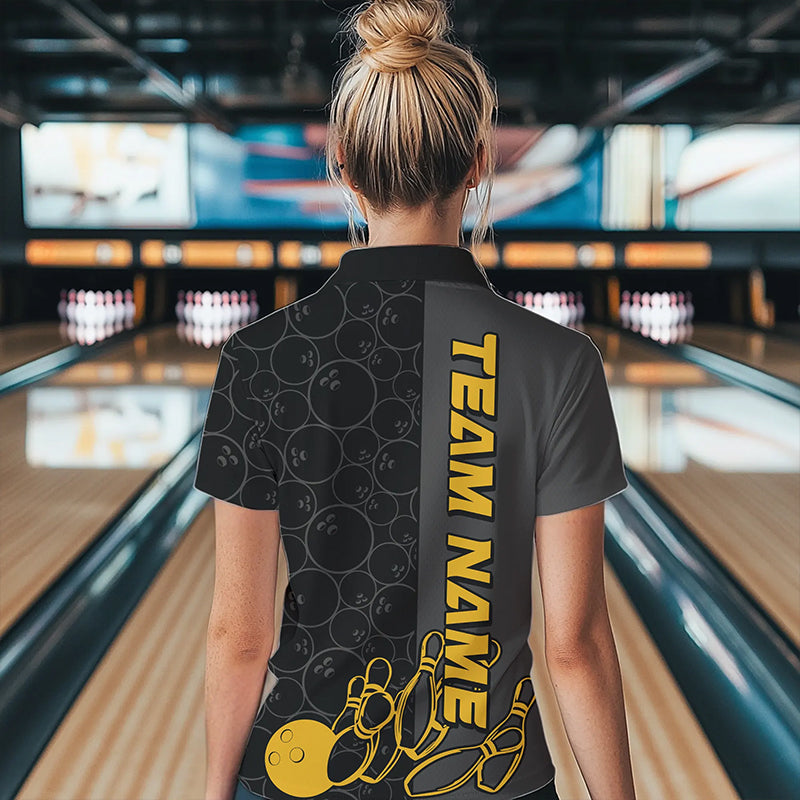 Custom Black And Gold Strike Ladies Bowling Quarter-Zip Shirt, Striking Team Bowling Jersey IPHW8456