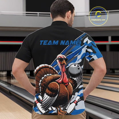 Custom Blue Camo Funny Turkey Bowling Team Shirt For Men, Turkey Bowling Jerseys IPHW10549