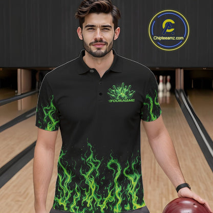 Custom Green Flame Skull Bowling Team Shirts For Men, Halloween Bowling Jerseys IPHW10552