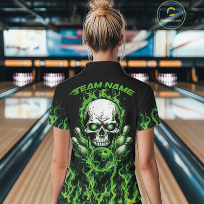 Custom Green Flame Skull Bowling Team Shirts For Women, Halloween Bowling Jerseys IPHW10552
