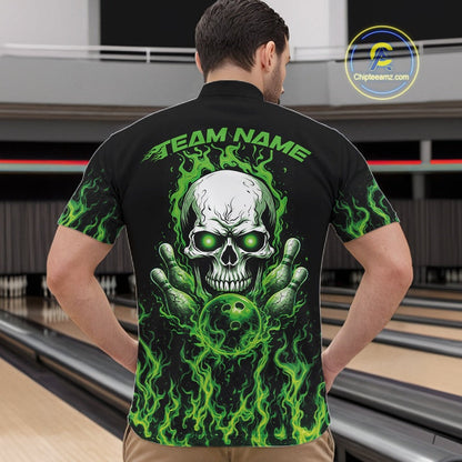 Custom Green Flame Skull Bowling Team Shirts For Men, Halloween Bowling Jerseys IPHW10552
