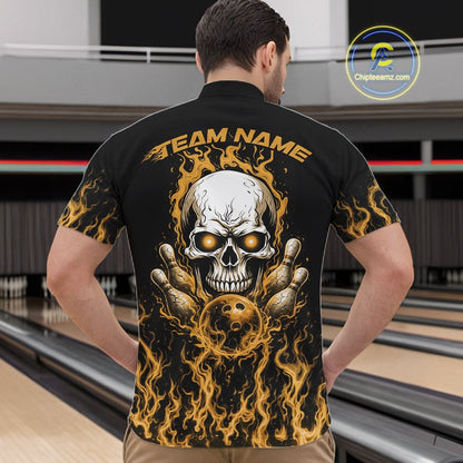 Custom Yellow Flame Skull Bowling Team Shirts For Men, Halloween Bowling Jerseys IPHW10554