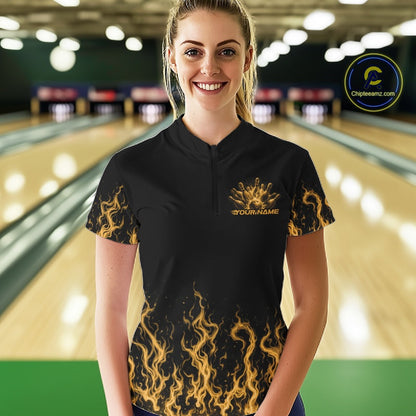 Custom Yellow Flame Skull Bowling Team Shirts For Women, Halloween Bowling Jerseys IPHW10554