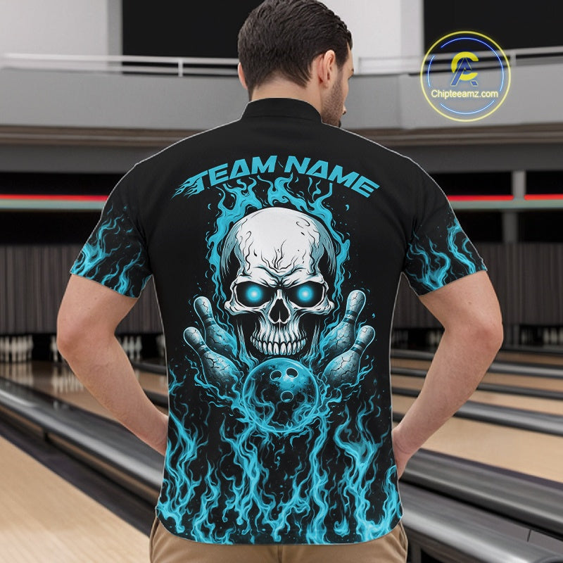Custom Blue Flame Skull Bowling Team Shirts For Men, Halloween Bowling Jerseys IPHW10555