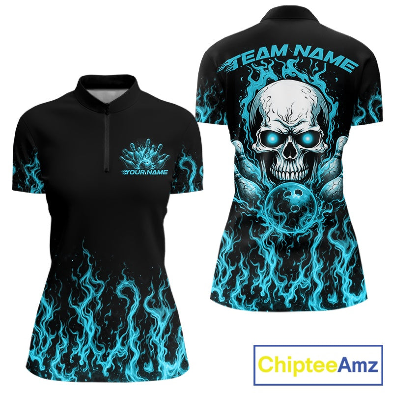 Custom Blue Flame Skull Bowling Team Shirts For Women, Halloween Bowling Jerseys IPHW10555