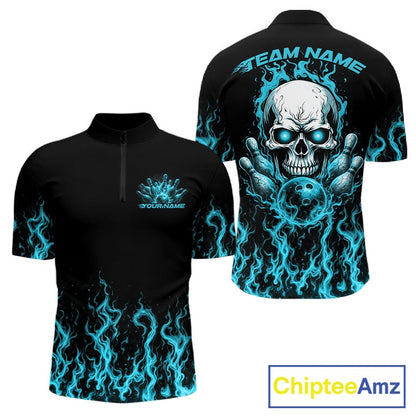 Custom Blue Flame Skull Bowling Team Shirts For Men, Halloween Bowling Jerseys IPHW10555