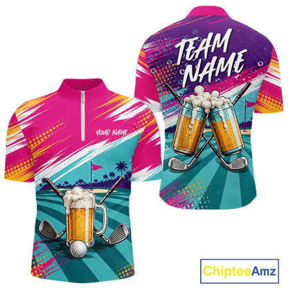 Custom Colorful Golf And Beer Men Quarter Zip Shirts, Golf Team Apparel IPHW11670