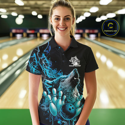 Custom Blue Wolf Howling Women Polo Shirt, Wolf Bowling Team Jerseys IPHW10158