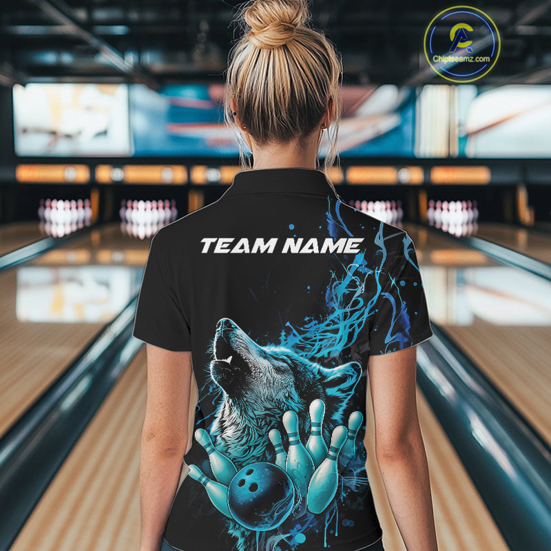 Custom Blue Wolf Howling Women Polo Shirt, Wolf Bowling Team Jerseys IPHW10158
