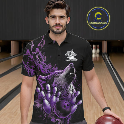 Custom Purple Wolf Howling Men Polo Shirt, Wolf Bowling Team Jerseys IPHW10159