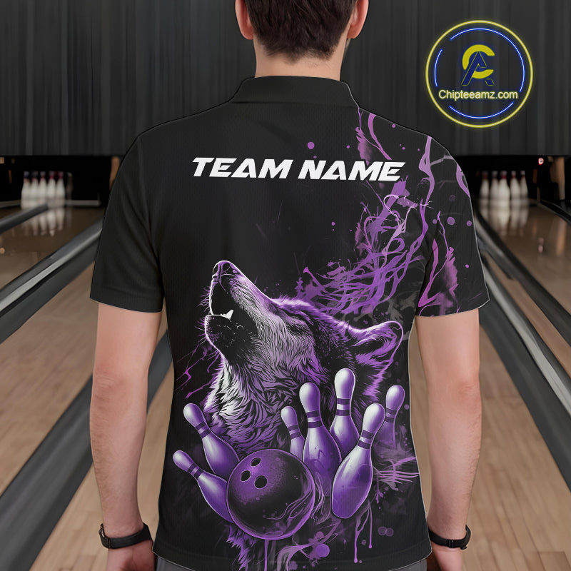 Custom Purple Wolf Howling Men Polo Shirt, Wolf Bowling Team Jerseys IPHW10159