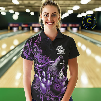 Custom Purple Wolf Howling Women Polo Shirt, Wolf Bowling Team Jerseys IPHW10159