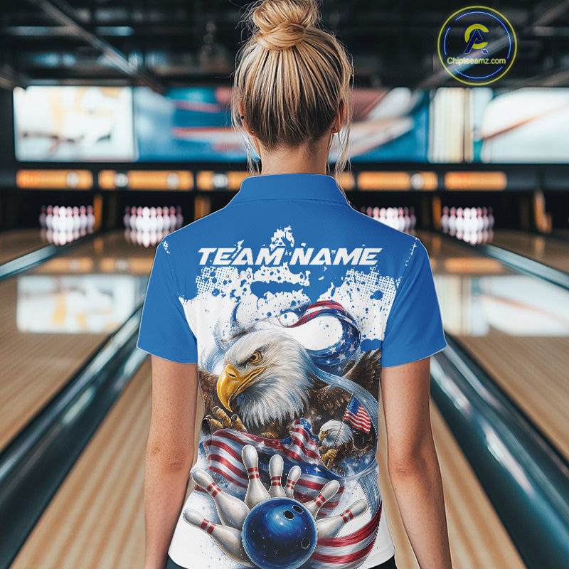 Custom Patriotic US Flag Eagle Bowling Women Shirt, USA Bowling Team League Shirt IPHW10164