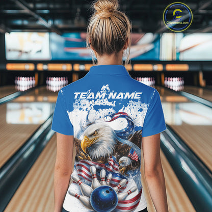 Custom Patriotic US Flag Eagle Bowling Women Shirt, USA Bowling Team League Shirt IPHW10164