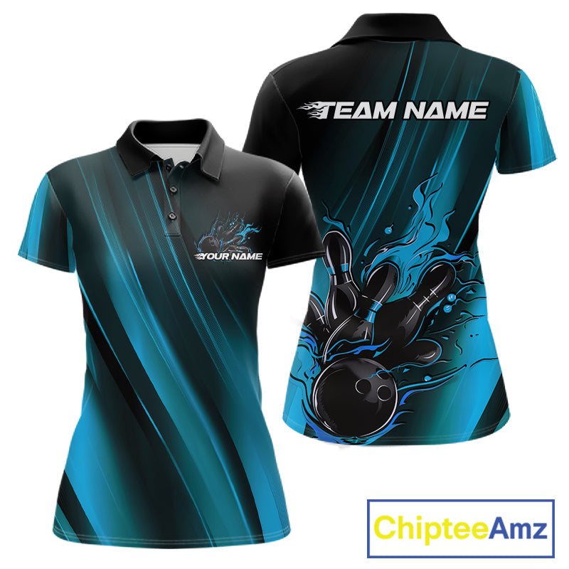 Custom Black And Blue Gradient Flame Bowling Team Jerseys, Fire Bowling Shirt For Women IPHW10571