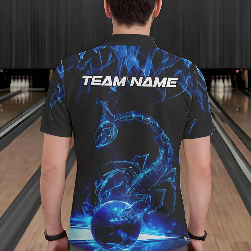 Custom Black And Blue Flame Scorpio Zodiac Bowling Men Polo Shirts, Scorpion Bowling Team IPHW8969