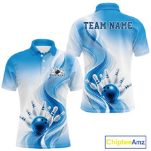 Load image into Gallery viewer, Mens white and blue bowling polo shirt mockup shown from front and back with abstract wave motifs and a bowling strike graphic