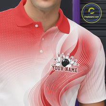 Load image into Gallery viewer, Detailed close-up of a white and red bowling polo shirt highlighting abstract wave accents and a glossy bowling action scene