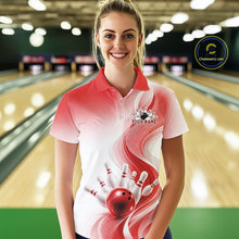 Load image into Gallery viewer, Female model wearing a white and red bowling polo with flowing abstract wave lines and a glossy bowling ball striking pins, front view inside a bowling center