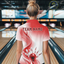 Load image into Gallery viewer, Womens white and red bowling quarter-zip shirt shown from the back, highlighting sweeping wave patterns and bowling-themed graphics