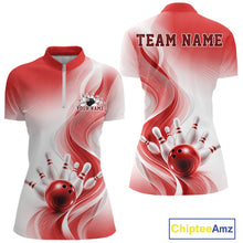 Load image into Gallery viewer, Womens white and red bowling quarter-zip mockup shown from front and back with flowing wave motifs and bowling action imagery