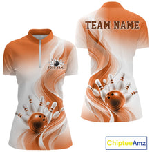 Load image into Gallery viewer, Front and back view of a womens white and orange bowling quarter-zip mockup featuring flowing wave artwork and a glossy bowling strike graphic