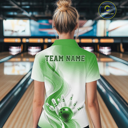 Back view of a female model wearing a white and green bowling polo shirt showcasing flowing linework and a bowling action scene