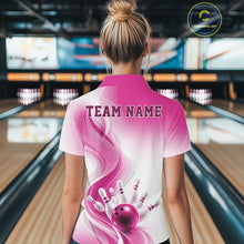 Load image into Gallery viewer, White and pink bowling polo shirt shown from the back on a female model, featuring fluid wave patterns and a bowling strike illustration