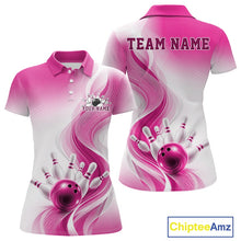 Load image into Gallery viewer, Front and back mockup of a womens white and pink bowling polo shirt with flowing abstract wave artwork and glossy bowling strike graphics