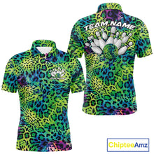 Load image into Gallery viewer, Front and back views of a mens yellow, brown, and black leopard-print bowling polo with chest name text, bowling pins, and team name on the back.