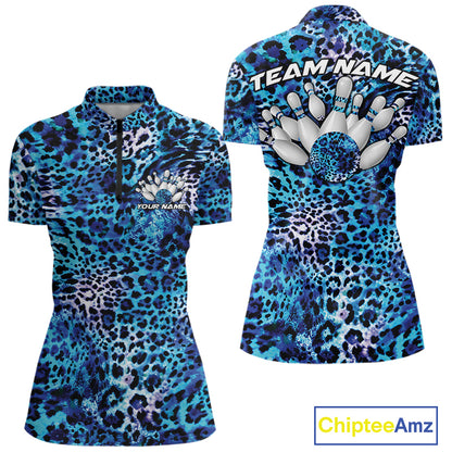 Front and back views of a womens blue, teal, and black leopard-print bowling quarter zip collar, chest name text, and team name on the back.
