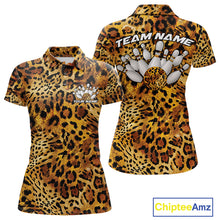 Load image into Gallery viewer, Front and back views of a womens gold, brown, and black leopard-print bowling polo with chest name text, bowling pins, and team name on the back.
