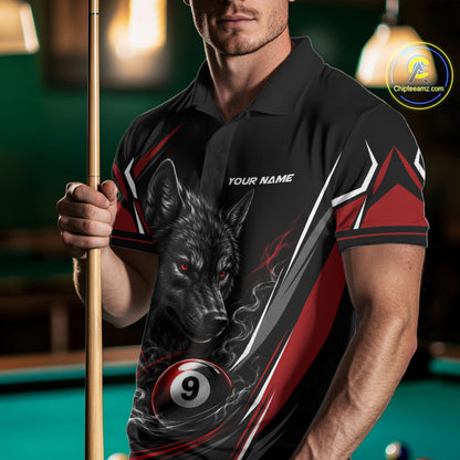 Custom Black And Red Smoke Flame 9 Ball And Wolf Billiards Men Polo Shirt, Pool Shirt IPHW11676
