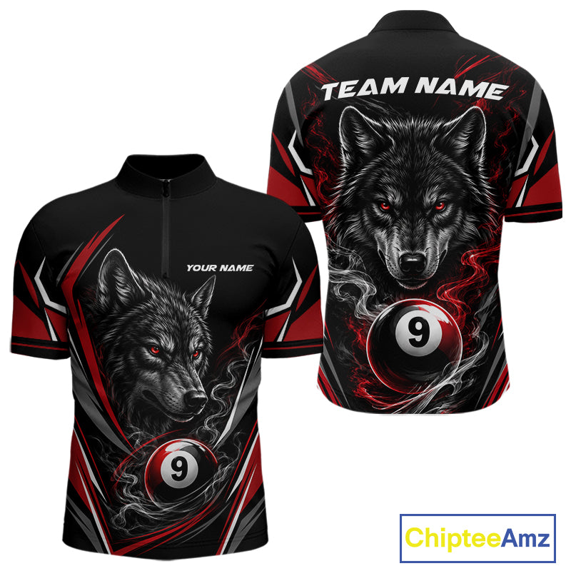 Custom Black And Red Smoke Flame 9 Ball And Wolf Billiards Men Quarter Zip Shirt, Pool Shirt IPHW11676