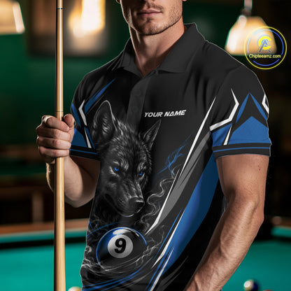 Custom Black And Blue Smoke Flame 9 Ball And Wolf Billiards Men Polo Shirt, Pool Shirt IPHW11677