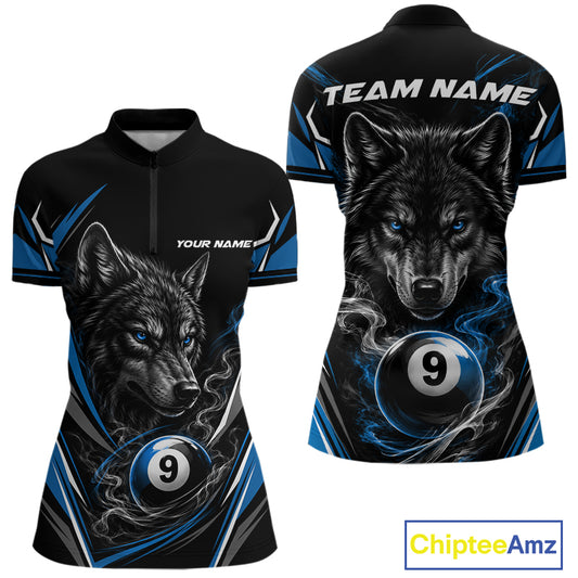 Custom Black And Blue Smoke Flame 9 Ball And Wolf Billiards Women Quarter-Zip Shirt IPHW11677