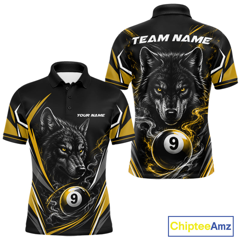 Custom Black And Yellow Smoke Flame 9 Ball And Wolf Billiards Men Polo Shirt, Pool Shirt IPHW11679