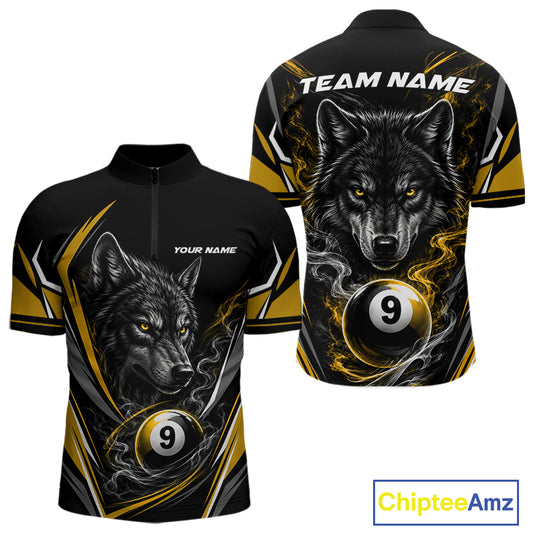 Custom Black And Yellow Smoke Flame 9 Ball And Wolf Billiards Men Quarter Zip Shirt, Pool Shirt IPHW11679