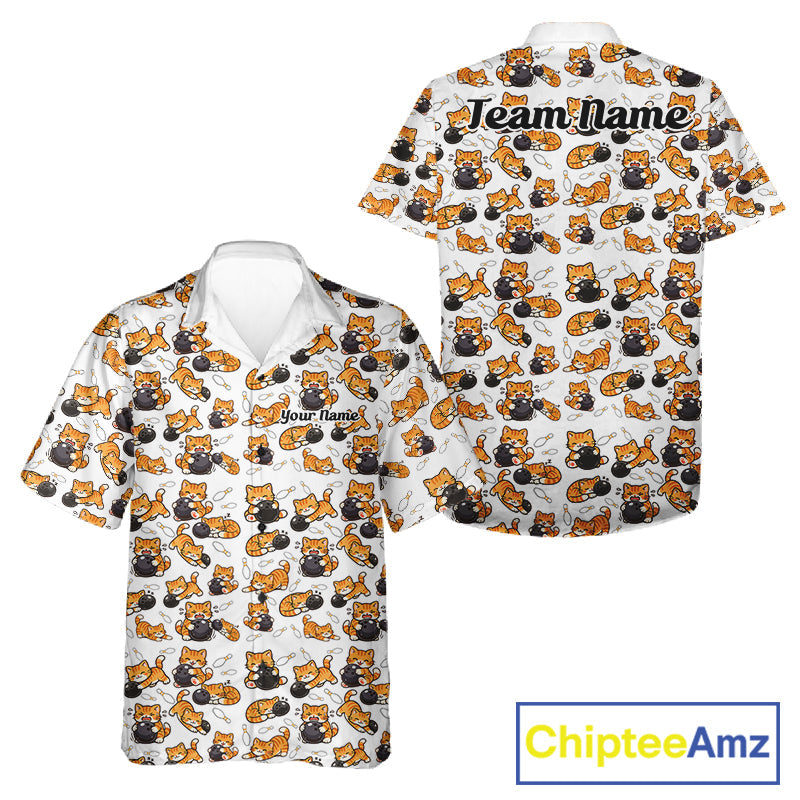 Custom Cute Ginger Tabby Cat Bowling Men And Women Hawaiian Shirts, Cat Bowling Team Shirt IPHW10303